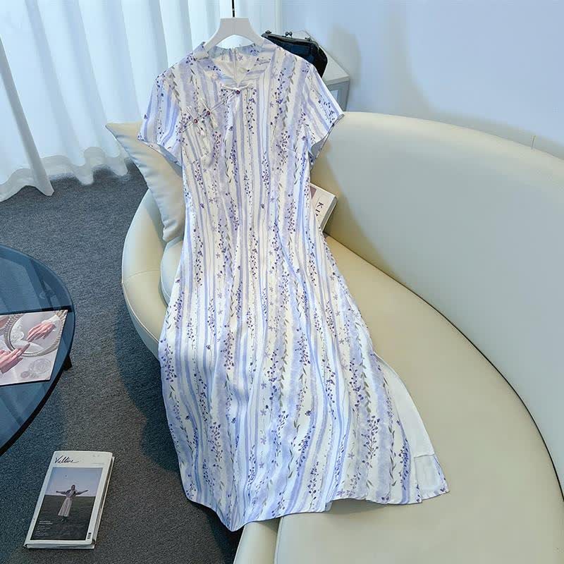 Robe maxi d'été grande taille à rayures florales et col mandarin - image 5
