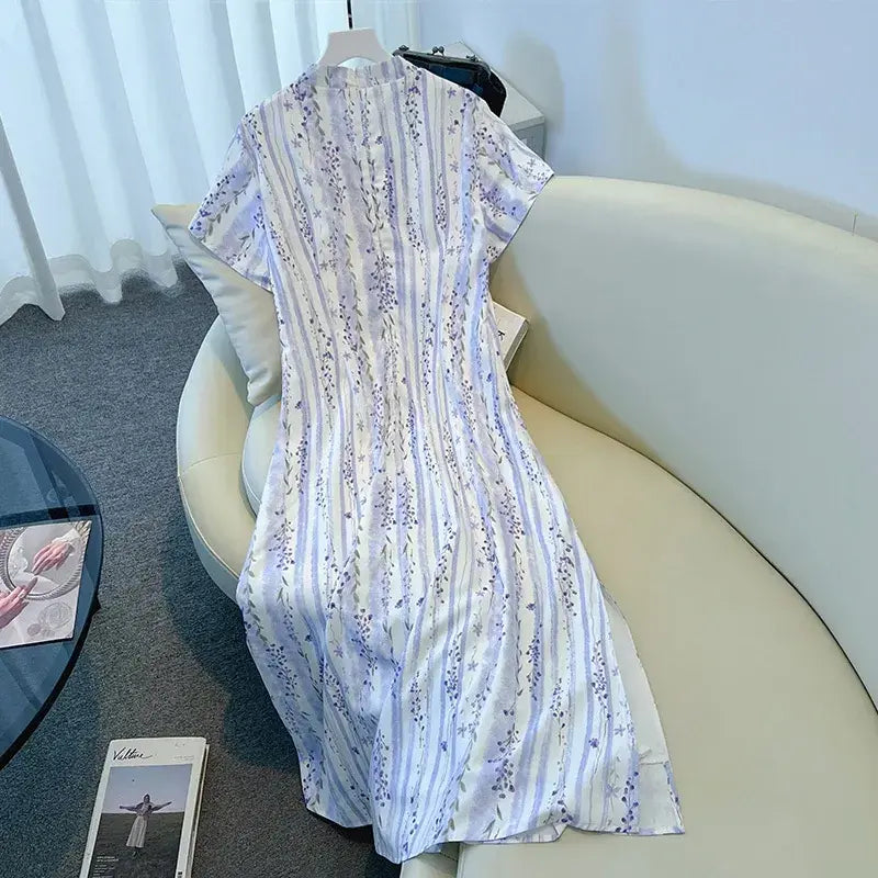 Robe maxi d'été grande taille à rayures florales et col mandarin - image 6