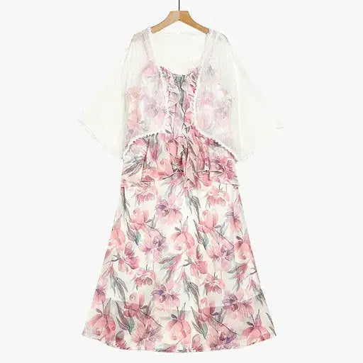 Ensemble robe d'été grande taille, cardigan transparent léger à fleurs et col en V, à volants et col V - image 1