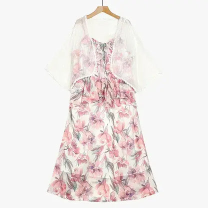 Ensemble robe d'été grande taille, cardigan transparent léger à fleurs et col en V, à volants et col V - image 1