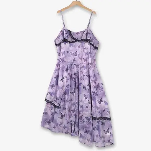 Robe nuisette asymétrique mi-longue à imprimé papillons lavande et bordure en dentelle noire, grande taille - Violet - 6XL - image 0
