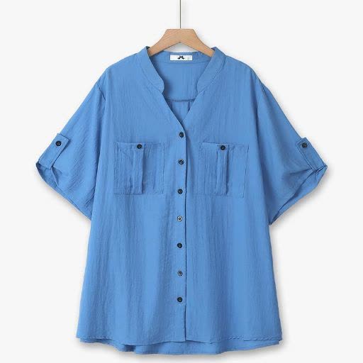 Blouse grande taille en bambou à boutons sur le devant - Bleu - 6XL - image 0