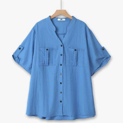 Blouse grande taille en bambou à boutons sur le devant - Bleu - 6XL - image 0