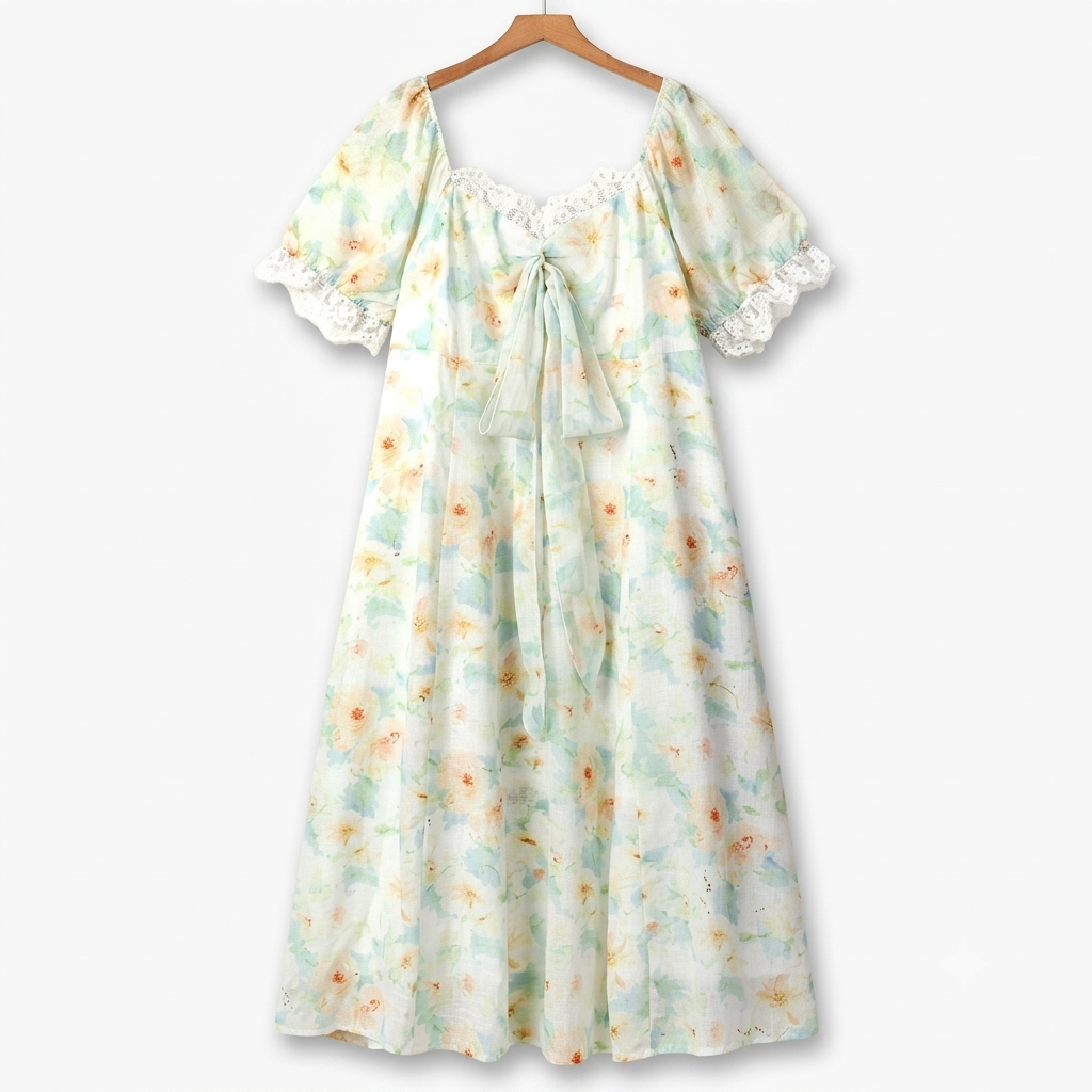 Robe longue d'été grande taille à col carré, bordure en dentelle et imprimé floral, manches bouffantes - Menthe - 6XL - image 0
