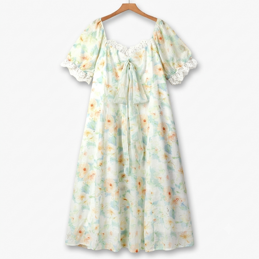 Robe longue d'été grande taille à col carré, bordure en dentelle et imprimé floral, manches bouffantes - Menthe - 6XL - image 0