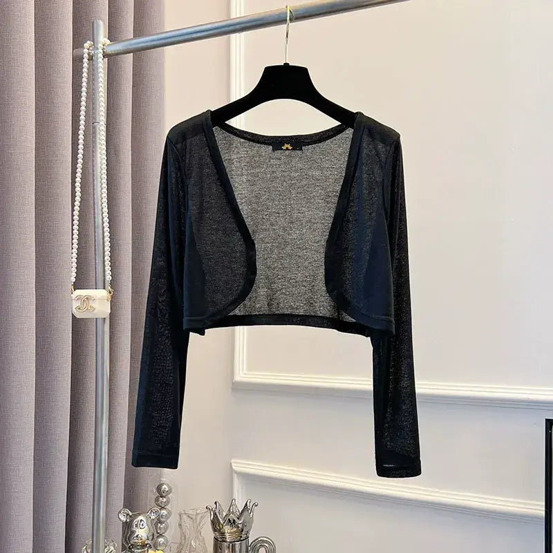 Ensemble robe nuisette midi fluide et transparente grande taille avec cardigan romantique transparent et jupe trapèze. - Gilet noir - 7XL - image 8