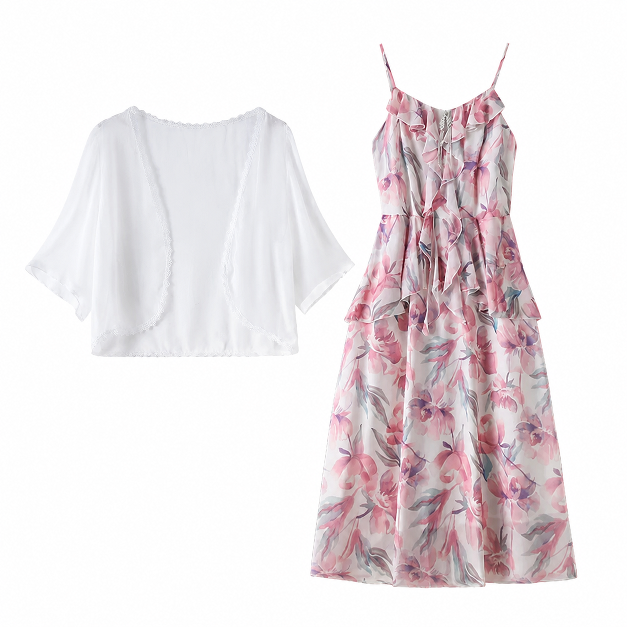 Ensemble robe d'été grande taille, cardigan transparent léger à fleurs et col en V, à volants et col V - Ensemble de 2 pièces - 6XL - image 0