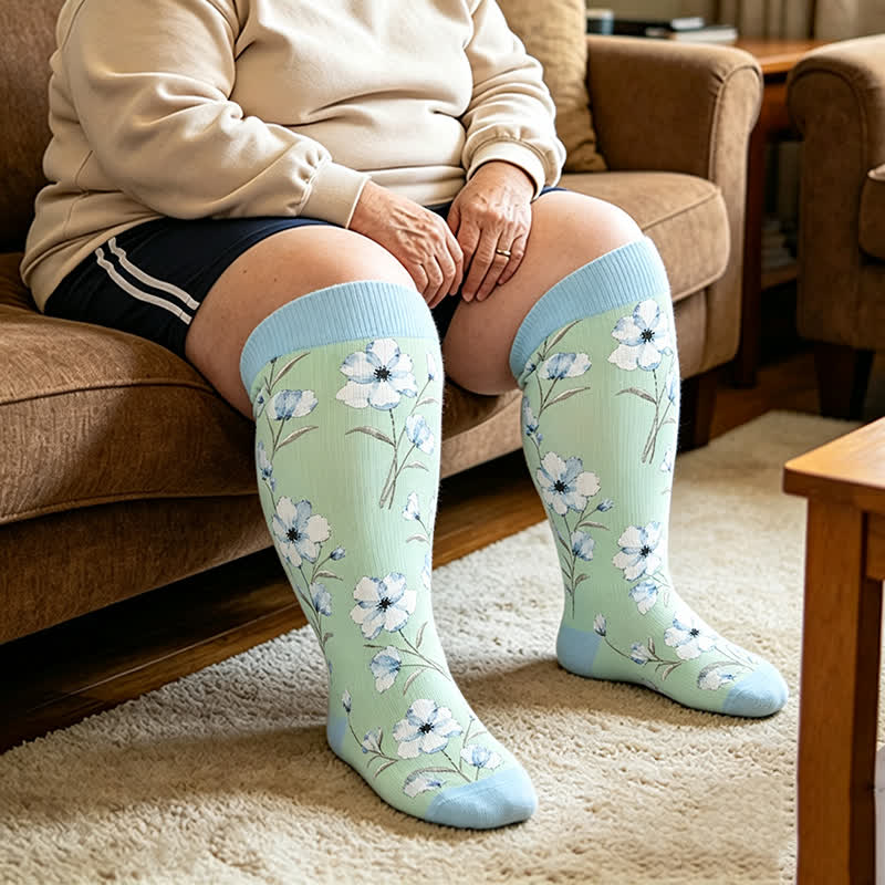 Chaussettes de compression à motif floral Doodle grande taille - Vert - 4XL - image 2