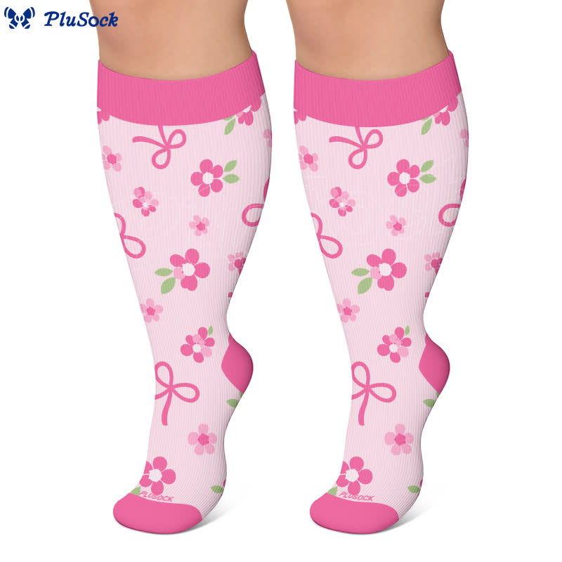 Chaussettes de compression roses à nœud floral grande taille - image 5