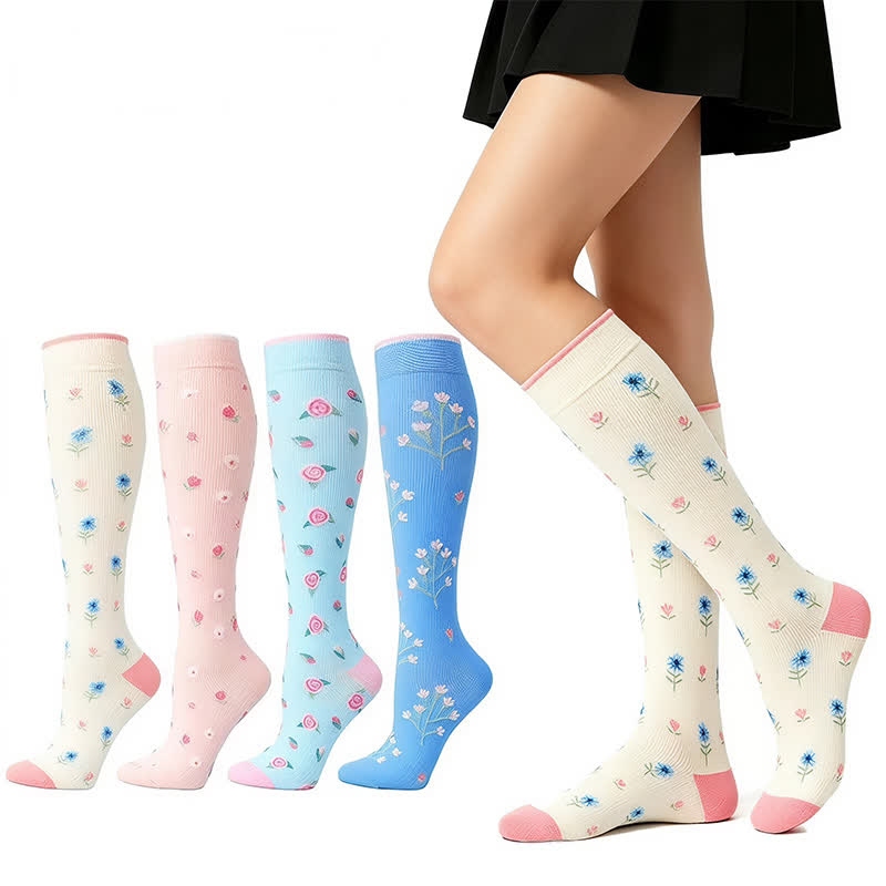Chaussettes de compression à fleurs bleues (4 paires) - image 1