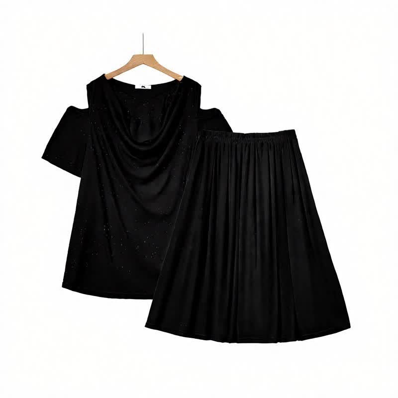Ensemble jupe deux pièces midi drapée à épaules dénudées - Noir - 6XL - image 0