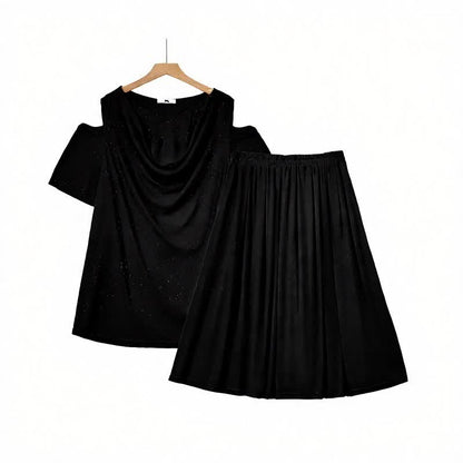 Ensemble jupe deux pièces midi drapée à épaules dénudées - Noir - 6XL - image 0