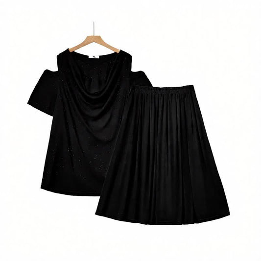 Ensemble jupe deux pièces midi drapée à épaules dénudées - Noir - 6XL - image 0