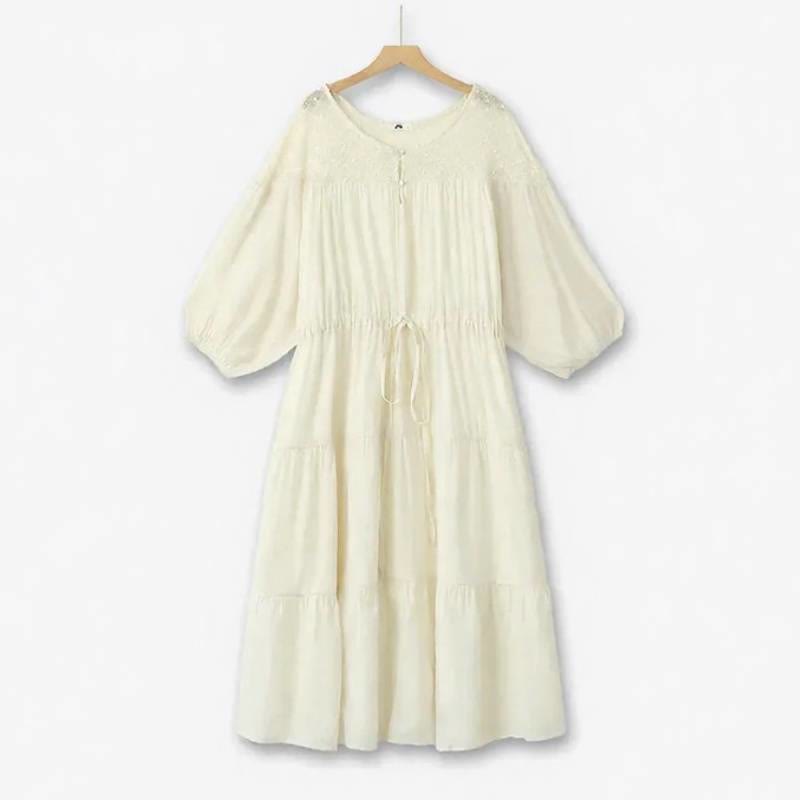 Robe longue de vacances bohème à cordon et volants - Beige - 6XL - image 2