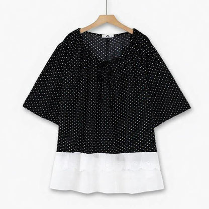 Tunique à pois, col noué et ourlet à volants - Noir et blanc - 6XL - image 0