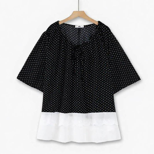 Tunique à pois, col noué et ourlet à volants - Noir et blanc - 6XL - image 0