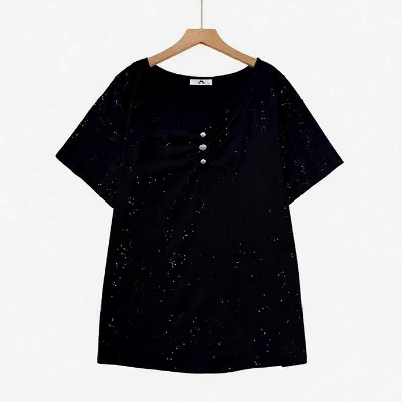Haut décontracté en coton moucheté avec boutons - Noir - 6XL - image 0