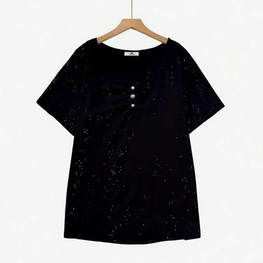 Haut décontracté en coton moucheté avec boutons - Noir - 6XL - image 0