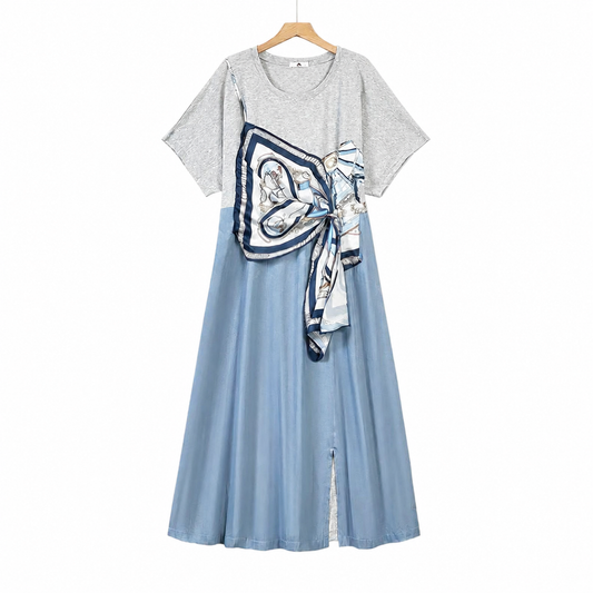 Robe maxi contrastée à foulard noué - Bleu - 6XL - image 0