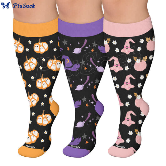 Chaussettes de compression grandes tailles à motifs de fantômes et de chapeaux de sorcière - image 0