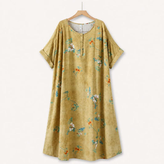 Robe midi vintage à fleurs boutonnée sur le devant - Jaune - 5XL - image 0