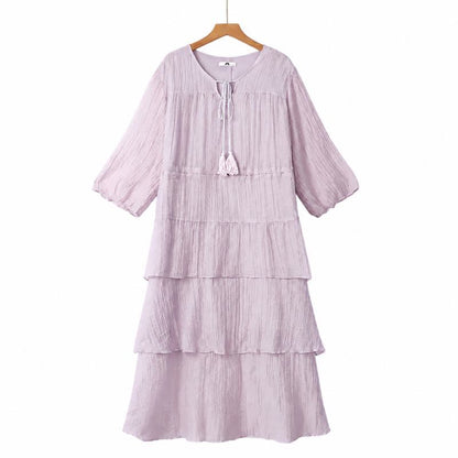 Robe midi froissée à volants et pompons - Violet - 6XL - image 0
