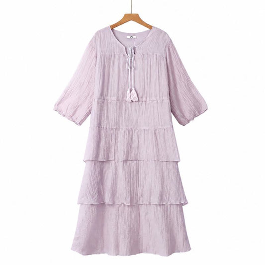 Robe midi froissée à volants et pompons - Violet - 6XL - image 0