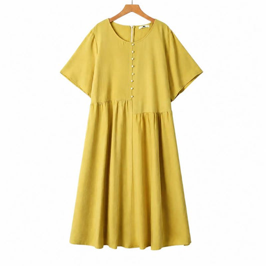 Robe midi décontractée à boutons nacrés - Jaune - 6XL - image 0