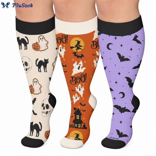 Chaussettes de compression grandes tailles à motif citrouille, chat et fantôme - image 0