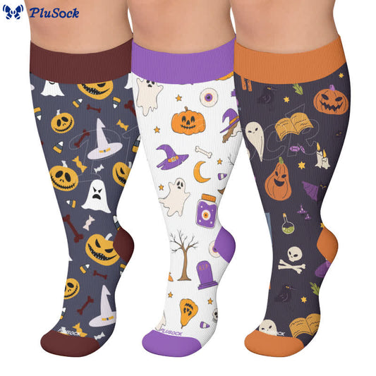 Chaussettes de compression grandes tailles à motif citrouille et fantôme - image 0