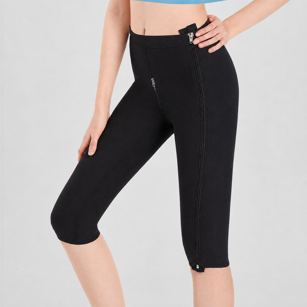 Pantalon Capri taille haute à double fermeture éclair gainant les cuisses - Noir - 2XL - image 1