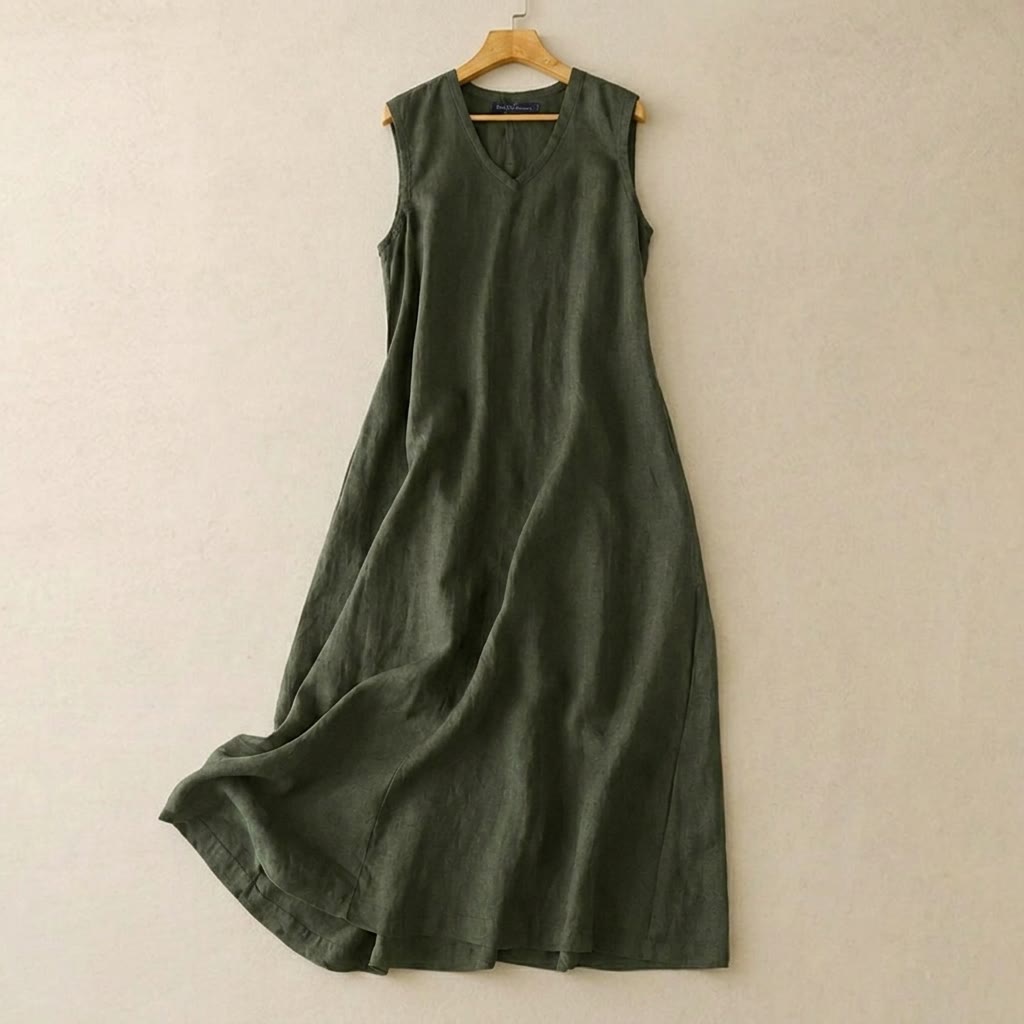 Robe longue en coton et lin à col V - Vert - 5XL - image 0