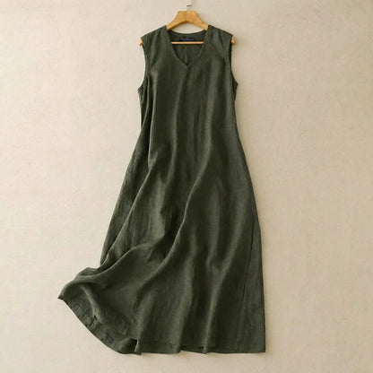 Robe longue en coton et lin à col V - Vert - 5XL - image 0