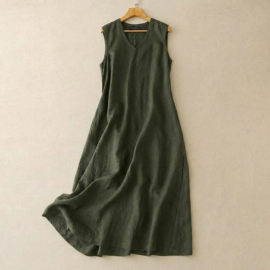 Robe longue en coton et lin à col V - Vert - 5XL - image 0