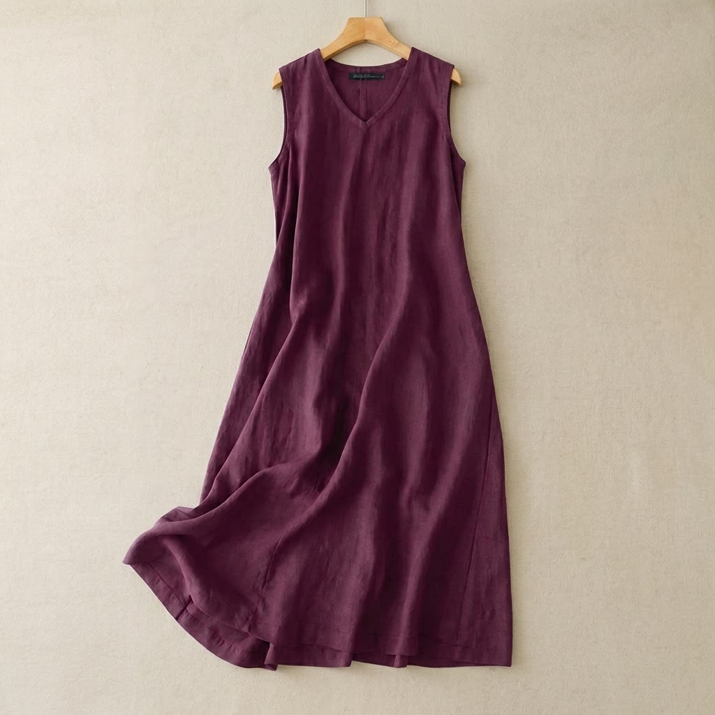 Robe longue en coton et lin à col V - Violet - 5XL - image 3