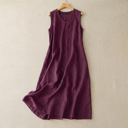 Robe longue en coton et lin à col V - Violet - 5XL - image 3
