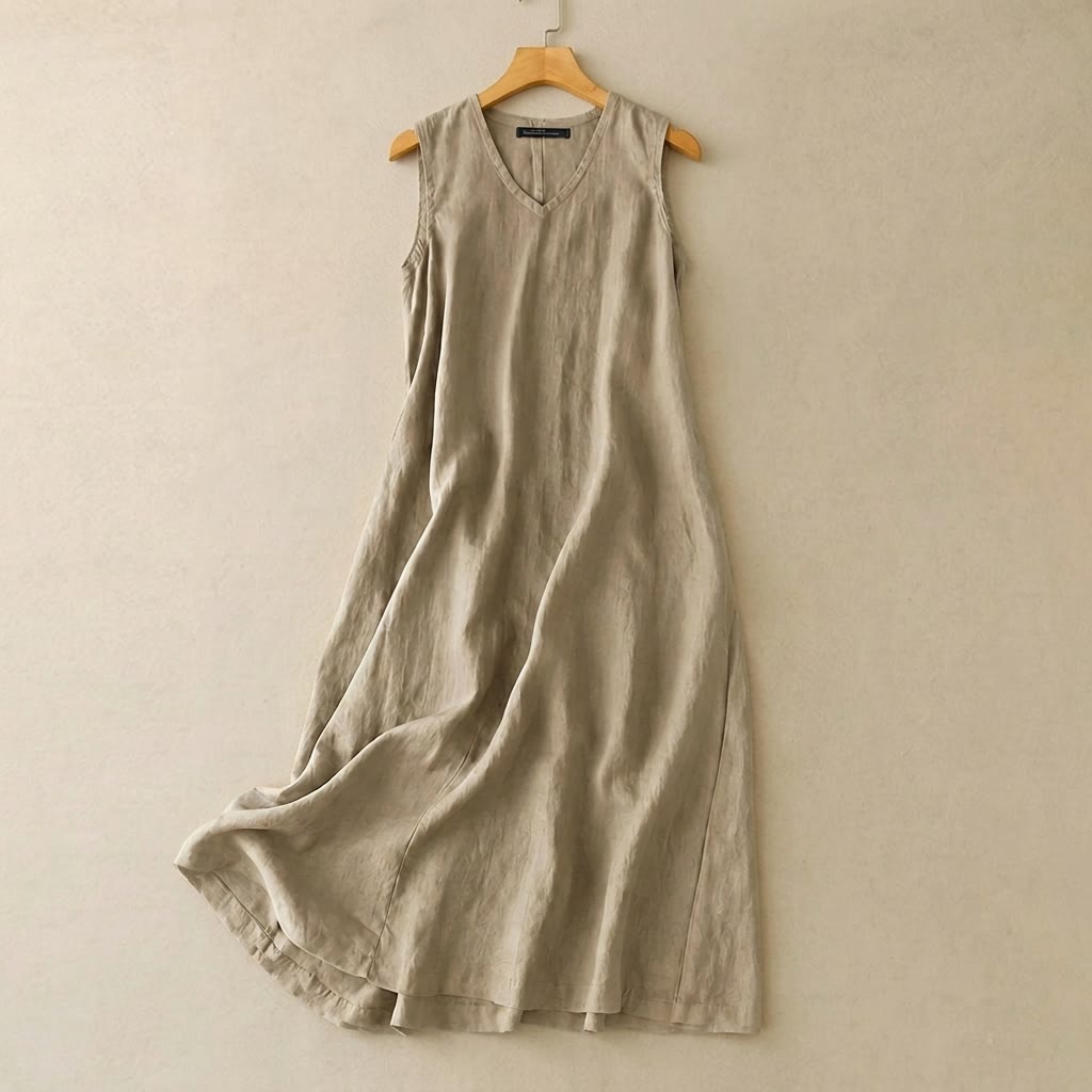 Robe longue en coton et lin à col V - Kaki - 5XL - image 1