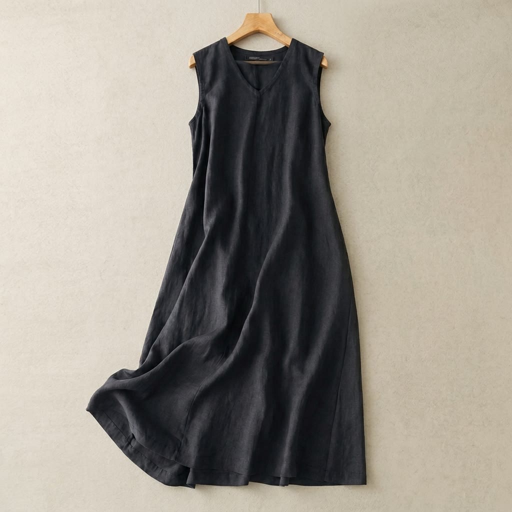 Robe longue en coton et lin à col V - Bleu marine - 5XL - image 2