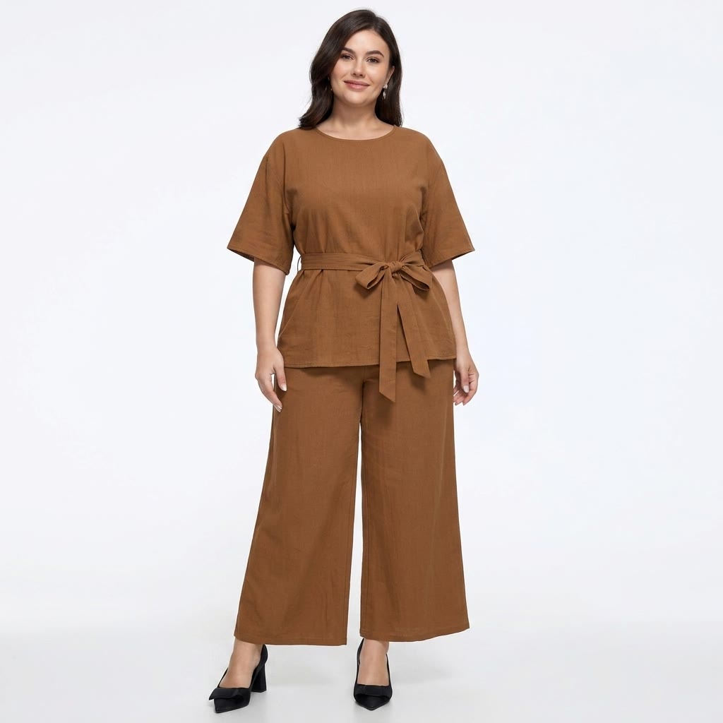 Ensemble haut décontracté ceinturé et pantalon à jambes larges et poches - image 4