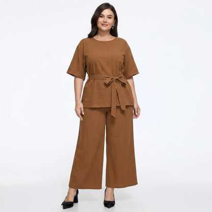 Ensemble haut décontracté ceinturé et pantalon à jambes larges et poches - image 4