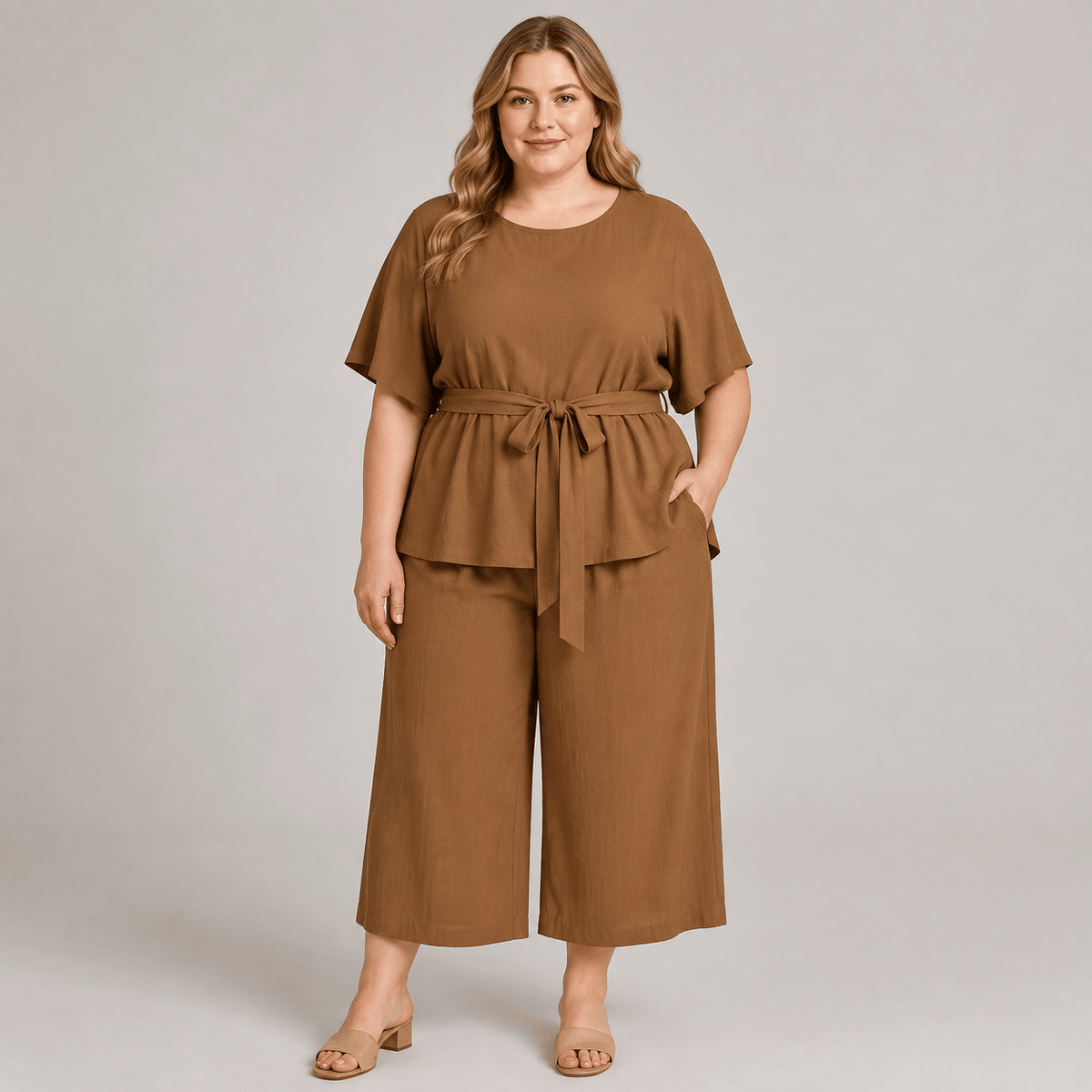 Ensemble haut décontracté ceinturé et pantalon à jambes larges et poches - image 1