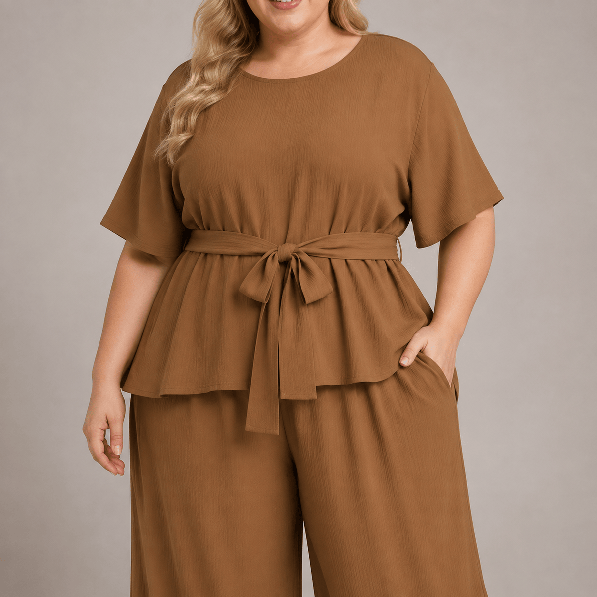 Ensemble haut décontracté ceinturé et pantalon à jambes larges et poches - image 2
