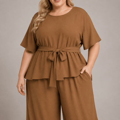 Ensemble haut décontracté ceinturé et pantalon à jambes larges et poches - image 2