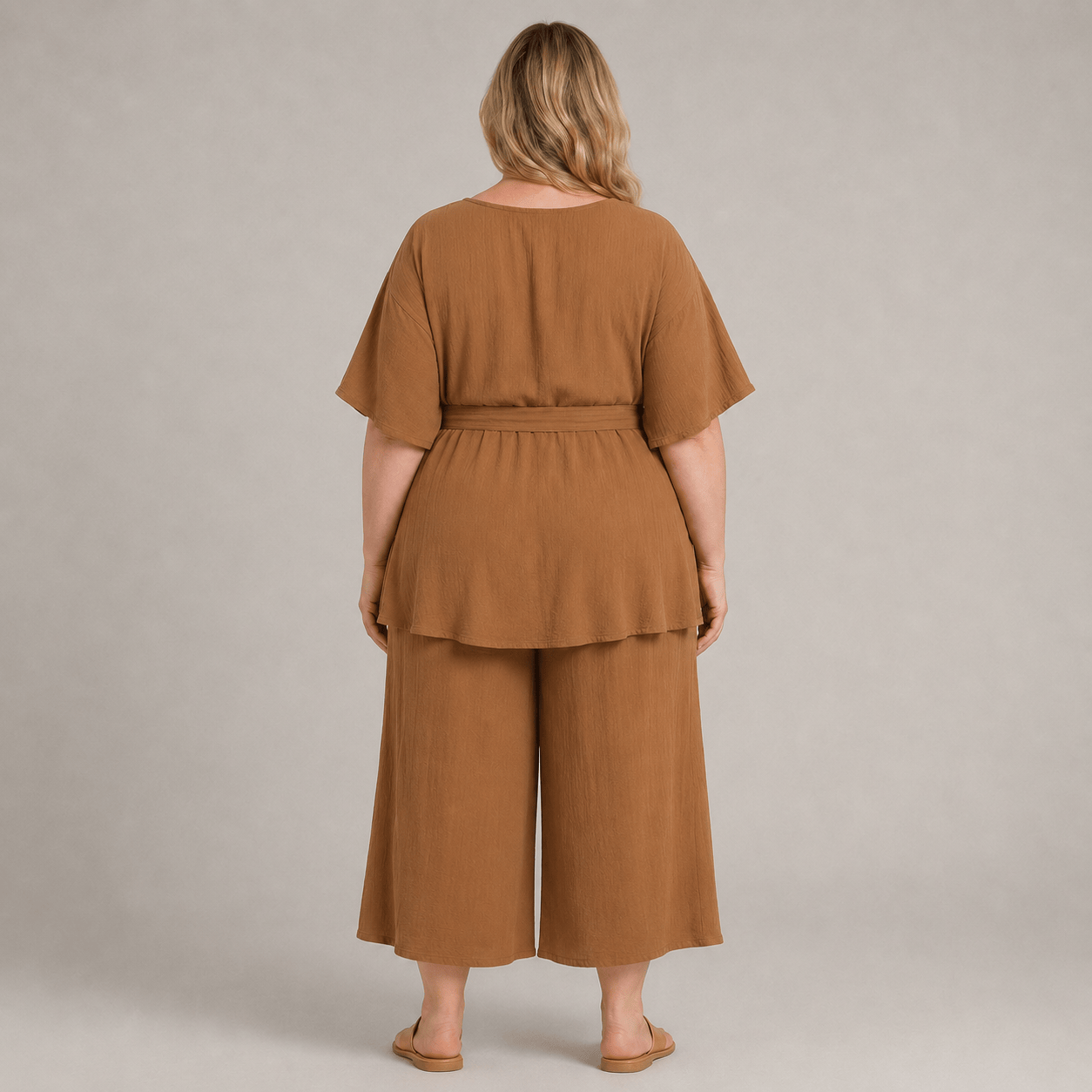 Ensemble haut décontracté ceinturé et pantalon à jambes larges et poches - image 3