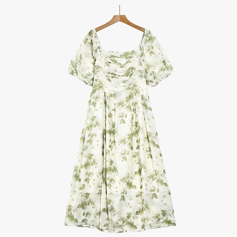 Robe midi à col carré à motif botanique - Vert - 7XL - image 0