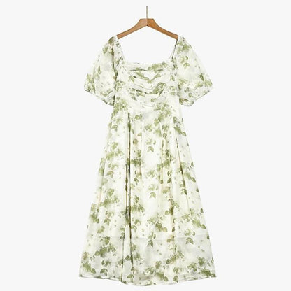 Robe midi à col carré à motif botanique - Vert - 7XL - image 0