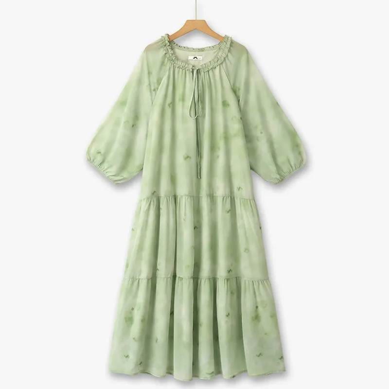 Robe longue romantique à volants et col noué - Vert - 6XL - image 0