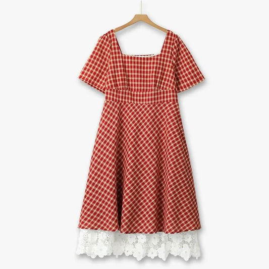 Robe longue vintage en dentelle vichy - Rouge - 6XL - image 0