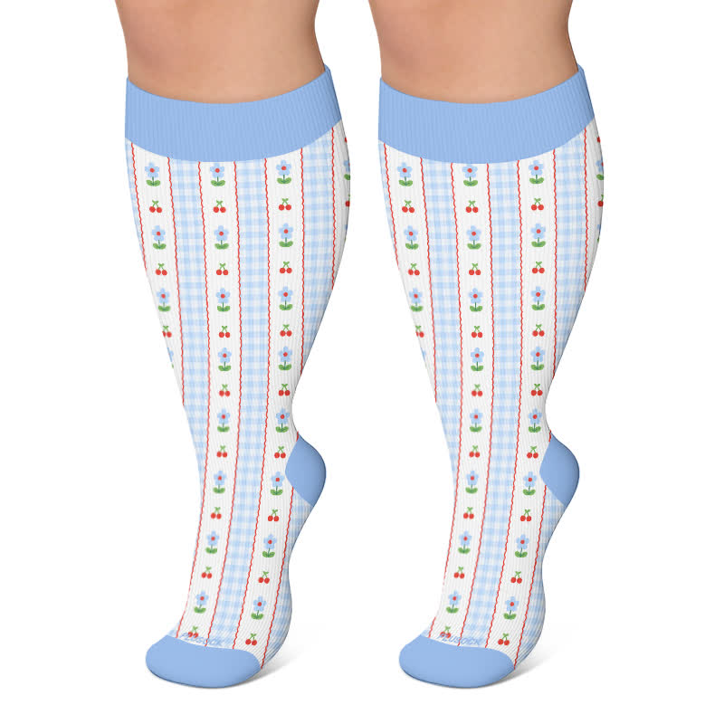 Chaussettes de compression à rayures florales grandes tailles - Bleu - 4XL - image 6