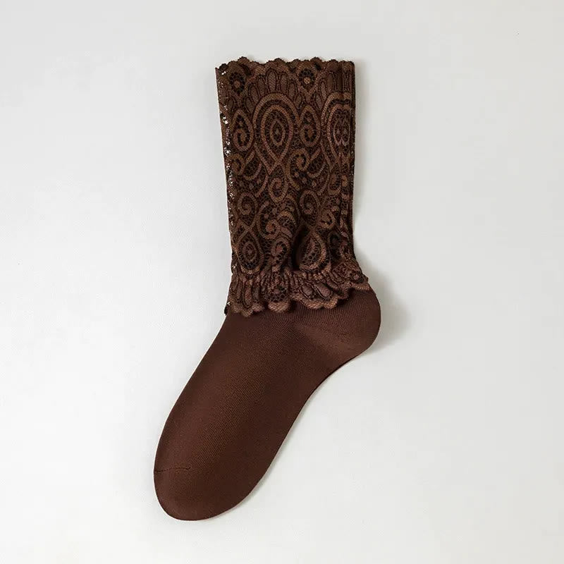Chaussettes élégantes à revers en dentelle florale (4 paires) - Café - EU36-40(US3-7) - image 3